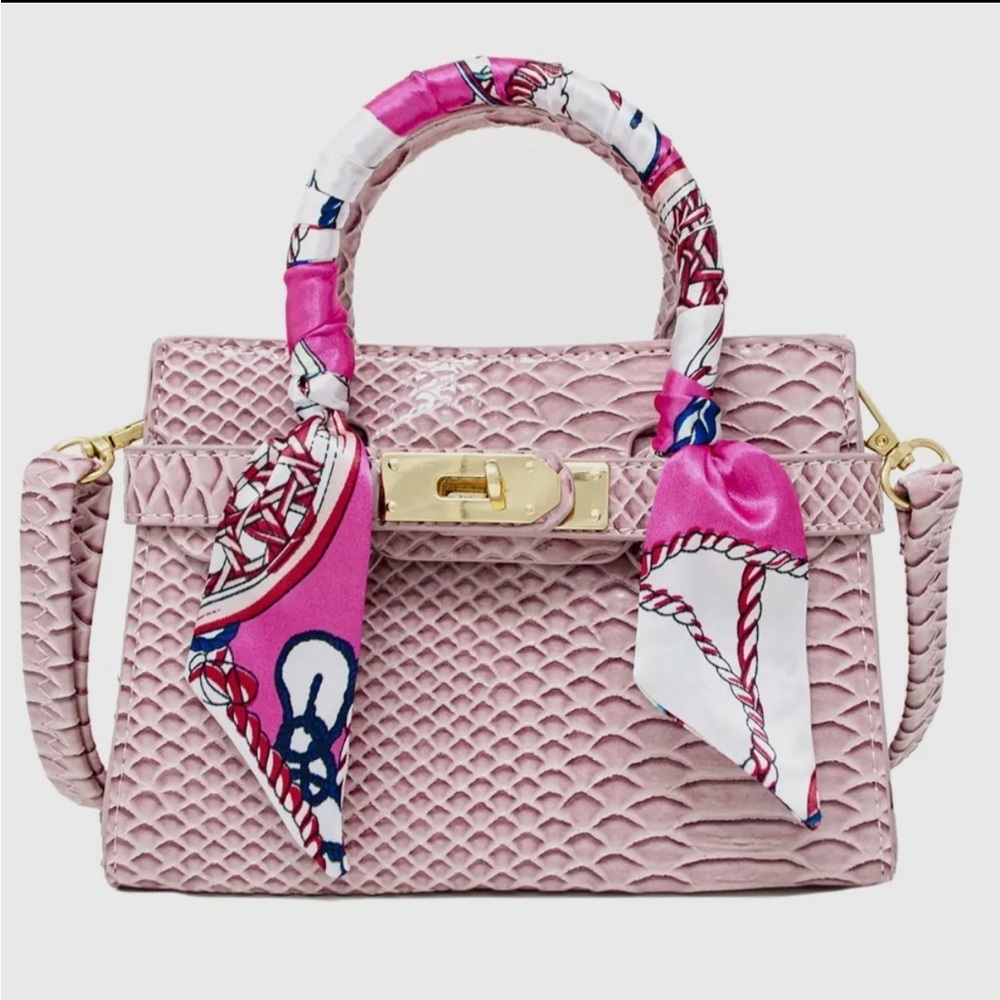 Elegant Pink Textured Handbag with Scarf Accent